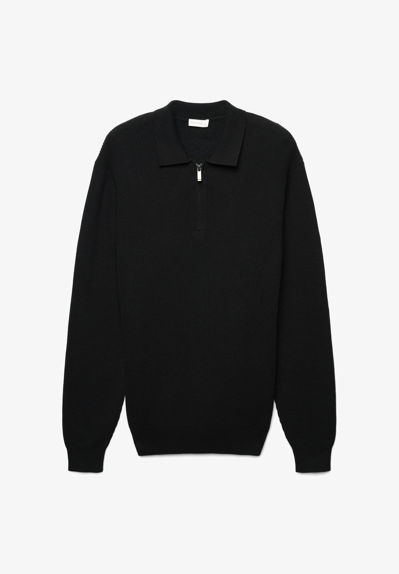 Schwarzer Pullover mit langen Ärmeln und einem Viertel-Reißverschluss, geripptem Textur und spitzem Kragen. Mit enganliegenden Bündchen und geradem Saum.