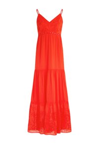Red maxi dress with spaghetti straps, featuring an embroidered bodice, tiered hem, and a flowy silhouette made from lightweight fabric.