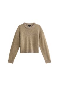 Maglione corto beige con maniche lunghe, collo rotondo, tessuto testurizzato e orlo a coste. Adatto per un abbigliamento casual.