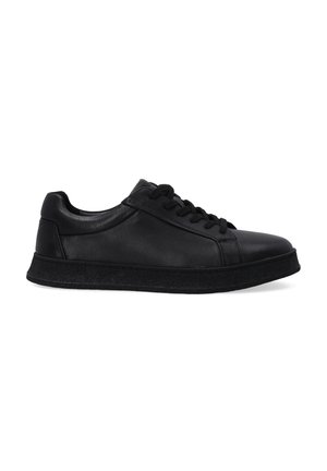 Schwarze Leder-Sneaker mit einer glatten Oberfläche, runder Zehenpartie und flacher Sohle. Verfügt über schwarze Schnürsenkel und eine strukturierte Gummisohle.