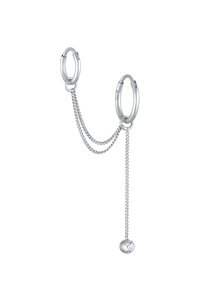 Cercei rotunzi din argint cu un atașament din lanț. Prezintă o singură piatră prețioasă clară la capăt. Suprafață metalică lustruită, design minimalist.