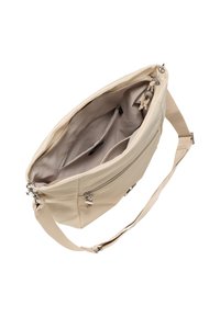 Borsa a spalla in pelle beige con tracolla regolabile, chiusura con zip e diverse tasche interne. Texture liscia e design minimalista.