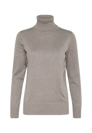 Grauer Rollkragenpullover aus weichem Strickmaterial mit langen Ärmeln und gerippten Akzenten am Kragen und Saum.