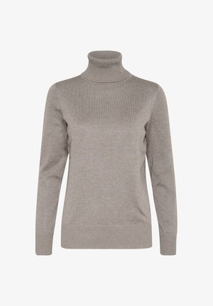 Sivi rolak pulover načinjen od mekog pletiva, sa dugim rukavima i rebrastim detaljima na ovratniku i donjem rubu.