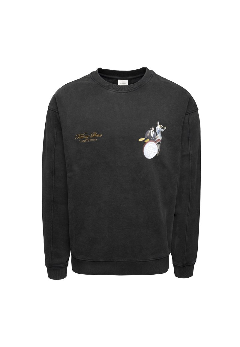 Schwarzer Sweatshirt aus Baumwolle mit Rundhalsausschnitt, langen Ärmeln und einem bestickten Grafik eines Darstellers mit einem Schlagzeug, beschriftet mit "Killing Rivers".