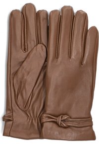Bruine leren handschoenen met een gladde textuur, voorzien van vijf vingers, een geknoopte detail bij de pols en een aansluitend ontwerp.