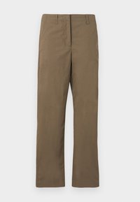 Pantalon marron à jambes droites, fabriqué en tissu lisse. Dispose d'une ceinture avec passants pour ceinture et d'une unique poche à l'avant.