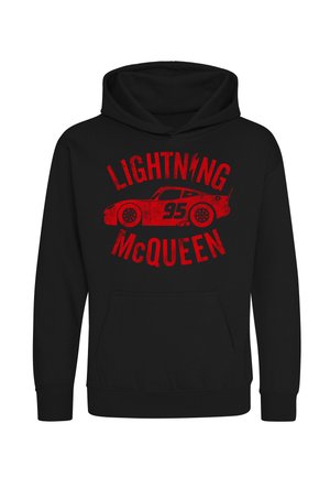 Zwarte hoodie met rode afbeelding van een raceauto met nummer 95 en de tekst "Lightning McQueen."