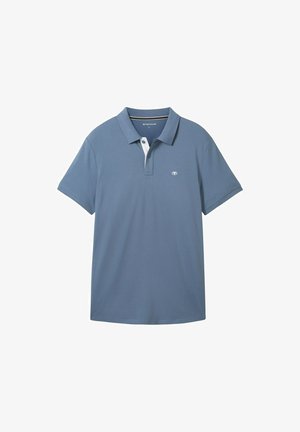 Tricou polo pentru bărbați, albastru deschis, cu mâneci scurte, guler alb și placket alb. Are un logo mic pe partea stângă a pieptului. Material din amestec de bumbac.