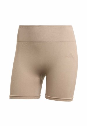 Pantalones cortos deportivos beige con una tela suave y elástica. Tiene una cinturilla ancha y un logo en tono. Largo hasta la rodilla con un diseño ajustado.