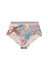 Bikini z wysokim stanem, zdobiony tropikalnym wzorem z palmami, drinkami i rybami w żywych kolorach. Gładki, elastyczny materiał.