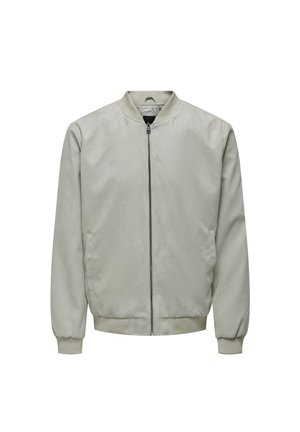 Hellgraue Bomberjacke aus glattem Material, mit Reißverschluss, gerippten Bündchen und Saum. Sie verfügt über einen klassischen runden Halsausschnitt und Taschen an den Seiten.