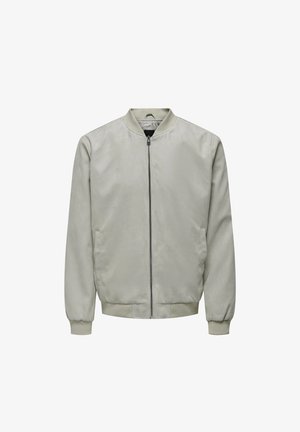 Hellgraue Bomberjacke aus glattem Material, mit Reißverschluss, gerippten Bündchen und Saum. Sie verfügt über einen klassischen runden Halsausschnitt und Taschen an den Seiten.