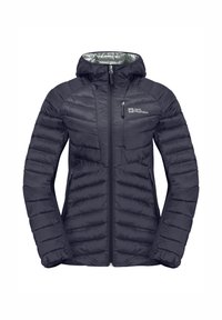 Giacca impermeabile blu navy con cappuccio, dotata di zip frontale, design trapuntato e logo sul petto. Tessuto liscio con un interno lucido.