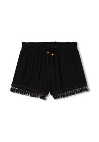 Czarne szorty z elastycznym pasem, zaciąganym sznurkiem oraz drewnianymi koralikami. Charakteryzują się frędzlami na dolnym brzegu dla dodatkowego wykończenia.