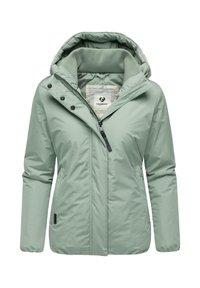 Light green, insulated jacket with a hood, front zipper, and snap buttons. Features elastic cuffs and a logo label on the inner lining.