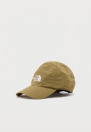 Gorra de béisbol de The North Face de color marrón claro con visera curva y correa ajustable, sobre un fondo blanco liso.