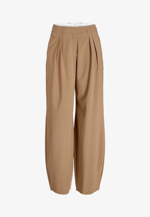 Beige vide benbukser med frontfolder, sidelommer og en glat tekstur. Har en skræddersyet talje og en ren kant.