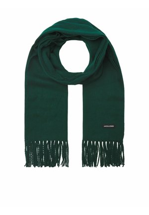 Écharpe tricotée vert foncé avec des extrémités à franges et une petite étiquette noire indiquant la marque Jack & Jones.