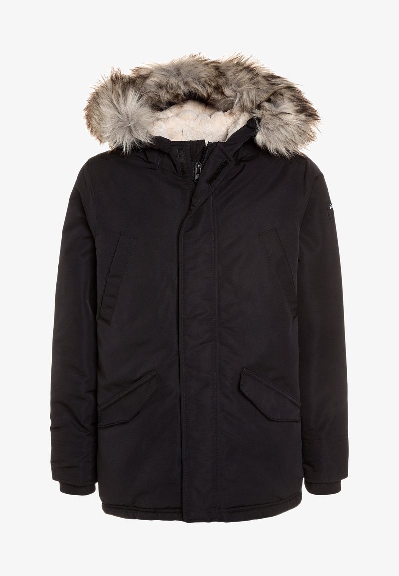 Sort parka-jakke med hætte foret med pels, med lynlås foran, to sidelommer og en varm isoleringsforing. Blød stoftekstur.