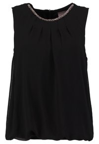 Blouse noire sans manches avec une bordure de col ornée de perles et de subtils plis sous le col, coupe loose avec un ourlet froncé.