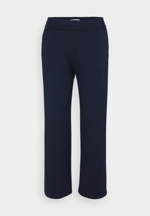Navy blue straight-leg pants made of stretchy fabric, featuring a flat waistband and two side pockets for functionality.