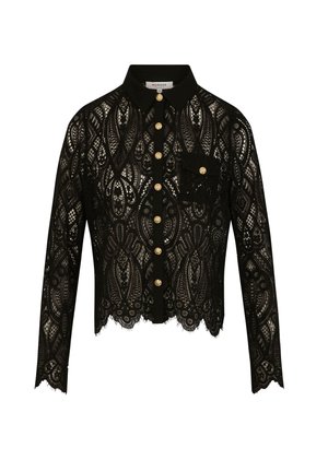 Blusa in pizzo nero con chiusura a bottoni, orlo scallop, maniche lunghe e una tasca applicata con bottoni decorativi.