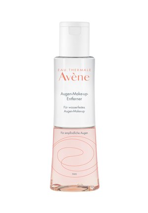 Flasche Avène Eau Thermale Augen-Make-up-Entferner für wasserfestes Make-up, speziell für empfindliche Augen entwickelt, mit klaren und rosa Flüssigkeitsschichten.