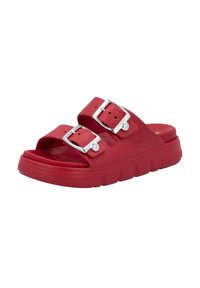 Red rubber slide sandals with dual adjustable straps and silver buckles, featuring a thick, cushioned sole and textured bottom.