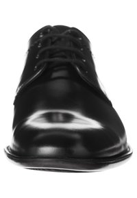 Scarpe da uomo in pelle nera con superficie lucida, punta rotonda e design tradizionale con lacci. Presentano dettagli di cucitura sottili e un tacco basso.