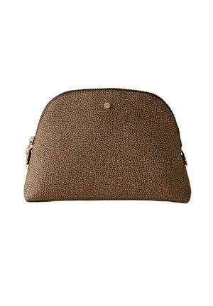 Brown textured pouch with rounded top, gold accent hardware, and contrasting zipper. Made of durable material with a pebbled finish.