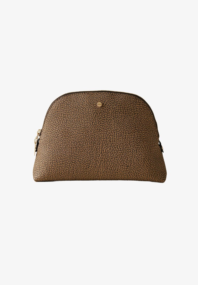 Brown textured pouch with rounded top, gold accent hardware, and contrasting zipper. Made of durable material with a pebbled finish.