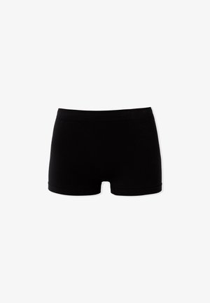 Schwarze Baumwollshorts mit glatter Textur, körperbetontem Design und elastischem Bund ohne sichtbare Nähte. Geeignet für den täglichen Gebrauch.