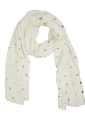 Sciarpa bianca testurizzata con pois metallizzati dorati, piegata in modo morbido per mostrare la caduta del tessuto e il motivo.