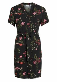 Sort blomsterkjole med korte ærmer, knaplukning foran, bånd i taljen og et farverigt blomsterprint i pink, hvid og grøn.