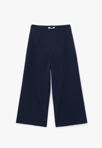 Navy wijde beenbroek van een soepele stof, met een hoge taille en subtiele plooien aan de voorkant voor extra designdetail.