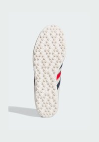 White rubber sole with hexagonal pattern, featuring red and navy diagonal stripes along the side, indicating athletic shoe design.