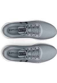 Light gray athletic shoes with textured mesh upper, contrasting dark gray laces, padded collar, and white sole. Insoles labeled "Charged Pursuit."