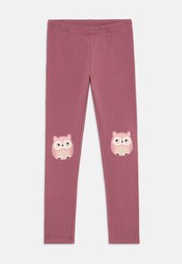 Rosa leggings med ugleapplikasjoner ved knærne, laget av myk stoff med en elastisk midje. Glatt tekstur, tapered ben design.