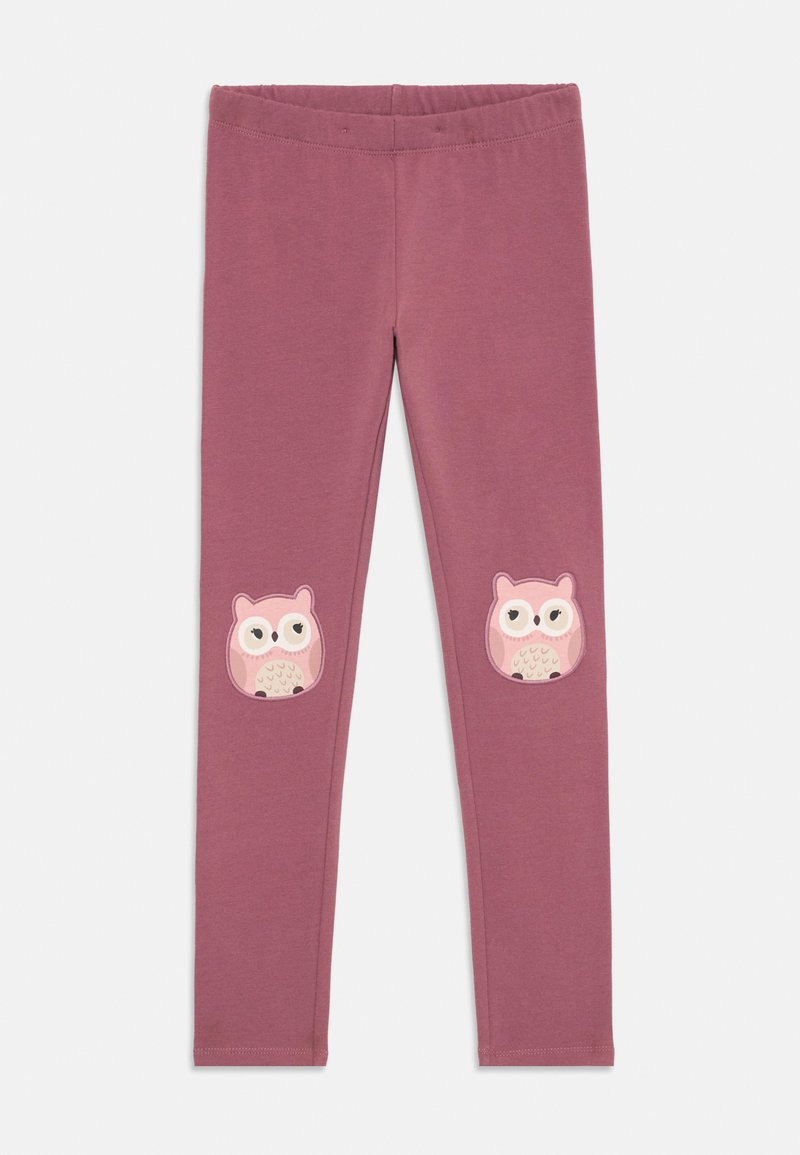 Rosa Leggings mit Eulen-Applikationen an den Knien, aus weichem Stoff mit einem dehnbaren Bund. Geschmeidige Textur, taillierte Beinform.
