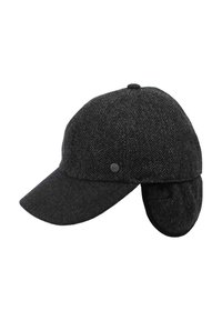 Gray herringbone wool cap with a stiff front brim and extendable ear flaps for warmth. Features a small, round logo detail on the side.