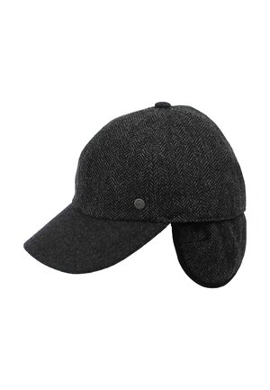 Gray herringbone wool cap with a stiff front brim and extendable ear flaps for warmth. Features a small, round logo detail on the side.