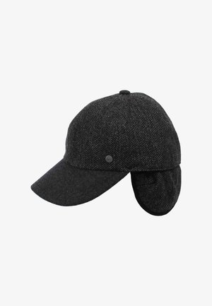 Gray herringbone wool cap with a stiff front brim and extendable ear flaps for warmth. Features a small, round logo detail on the side.
