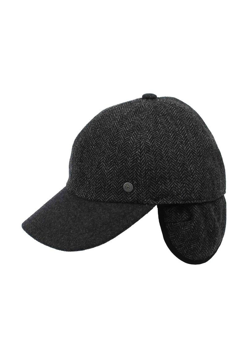 Gray herringbone wool cap with a stiff front brim and extendable ear flaps for warmth. Features a small, round logo detail on the side.