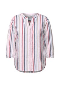 Camicia con bottoni caratterizzata da un motivo a righe verticali nei colori rosa, blu e bianco. Tessuto leggero con una vestibilità comoda e maniche a tre quarti.
