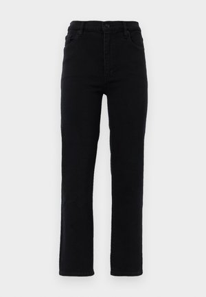 Black denim jeans with straight legs, a mid-rise waist, and five pockets. Features a front button closure and belt loops.
