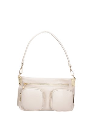 Small off-white leather shoulder bag with two front zipped pockets and gold-tone hardware and detachable strap.