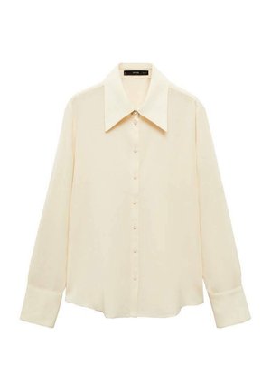 Helle Bluse aus glattem Stoff, mit klassischem Kragen, Knopfleiste und langen Ärmeln mit runden Manschetten.