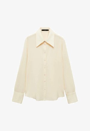 Helle Bluse aus glattem Stoff, mit klassischem Kragen, Knopfleiste und langen Ärmeln mit runden Manschetten.