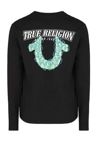 Schwarzes Langarm-T-Shirt mit einem großen, hellblauen Grafikdesign eines stilisierten „U“ und dem Text "TRUE RELIGION" auf der Rückseite.